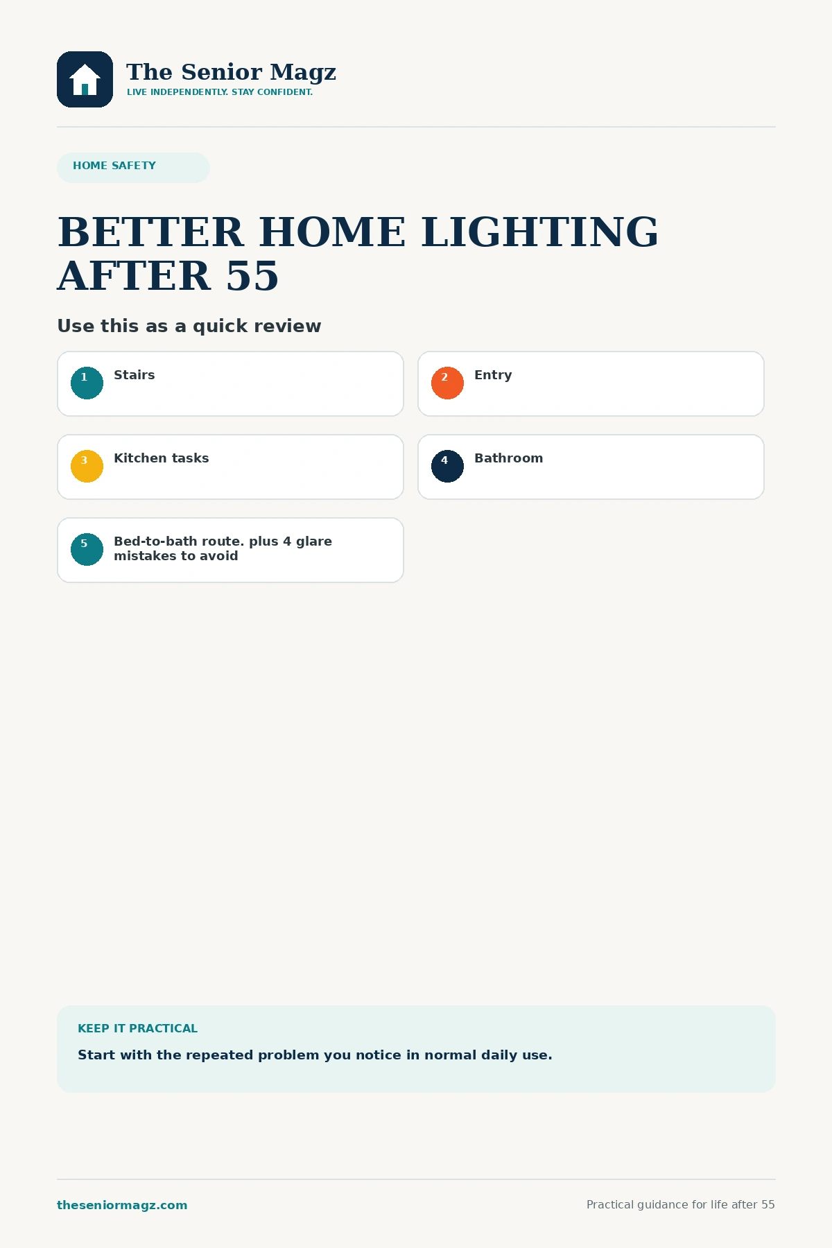 Standalone infographic summarizing How to Improve Lighting in a Senior-Friendly Home.