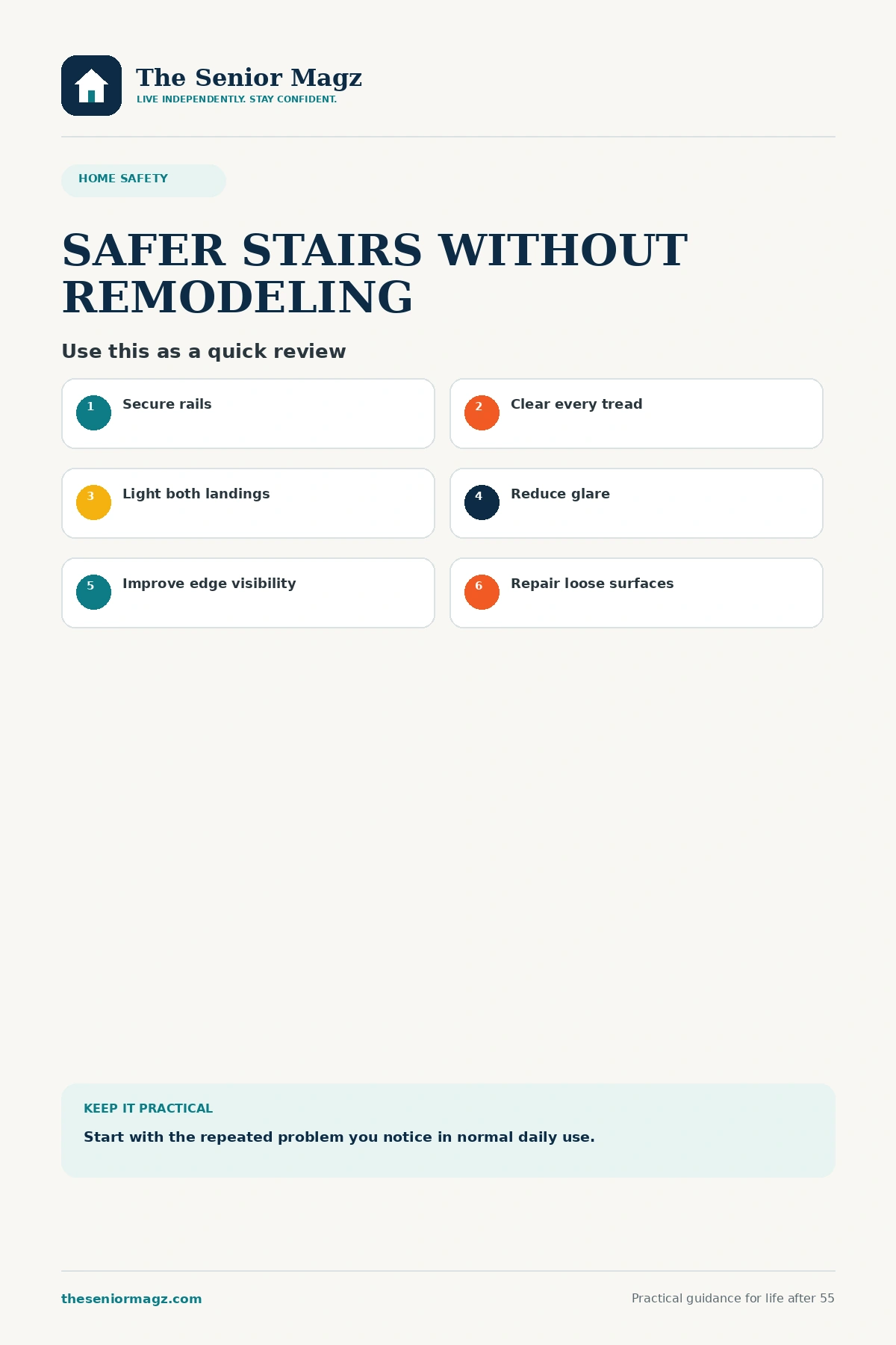 Standalone infographic summarizing How to Make Stairs Safer Without Remodeling.