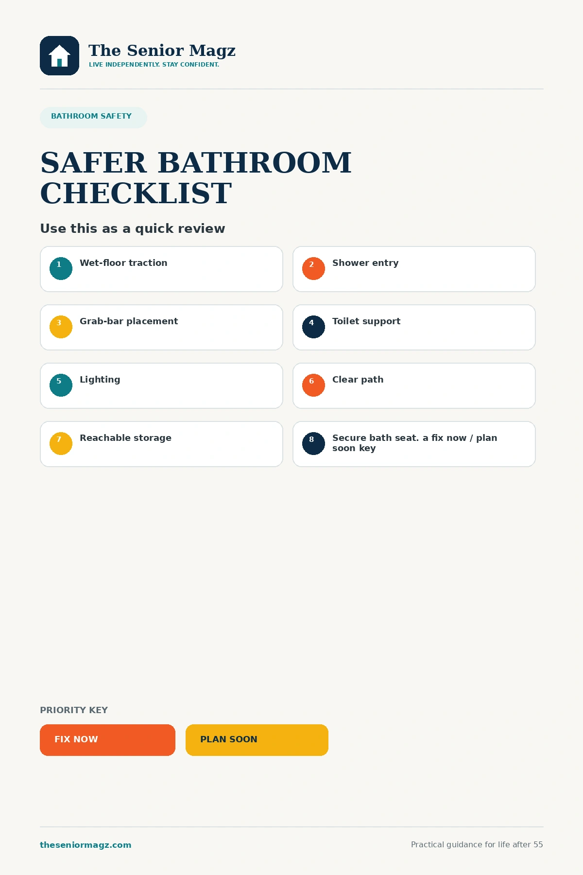 Standalone infographic summarizing How to Make a Bathroom Safer for Seniors.