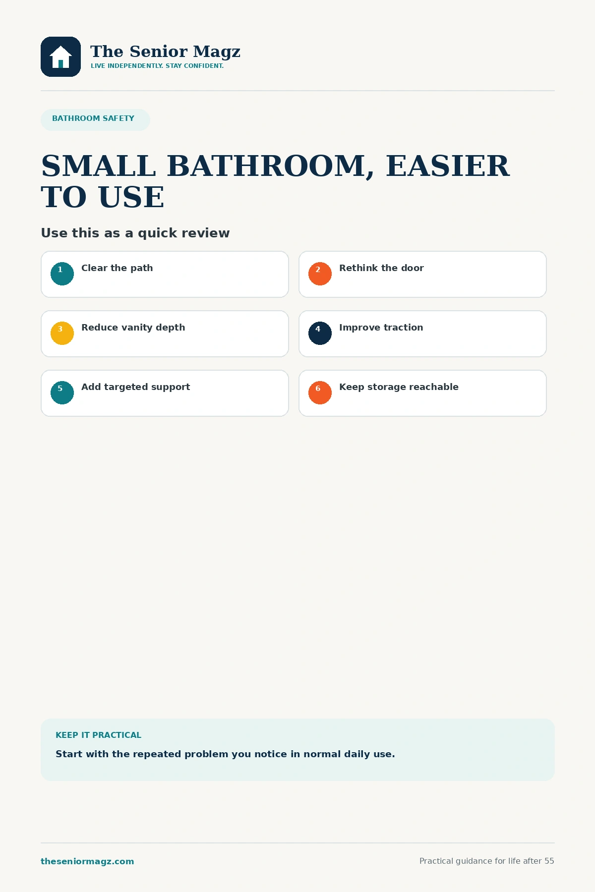 Standalone infographic summarizing Making a Small Bathroom Senior Friendly.