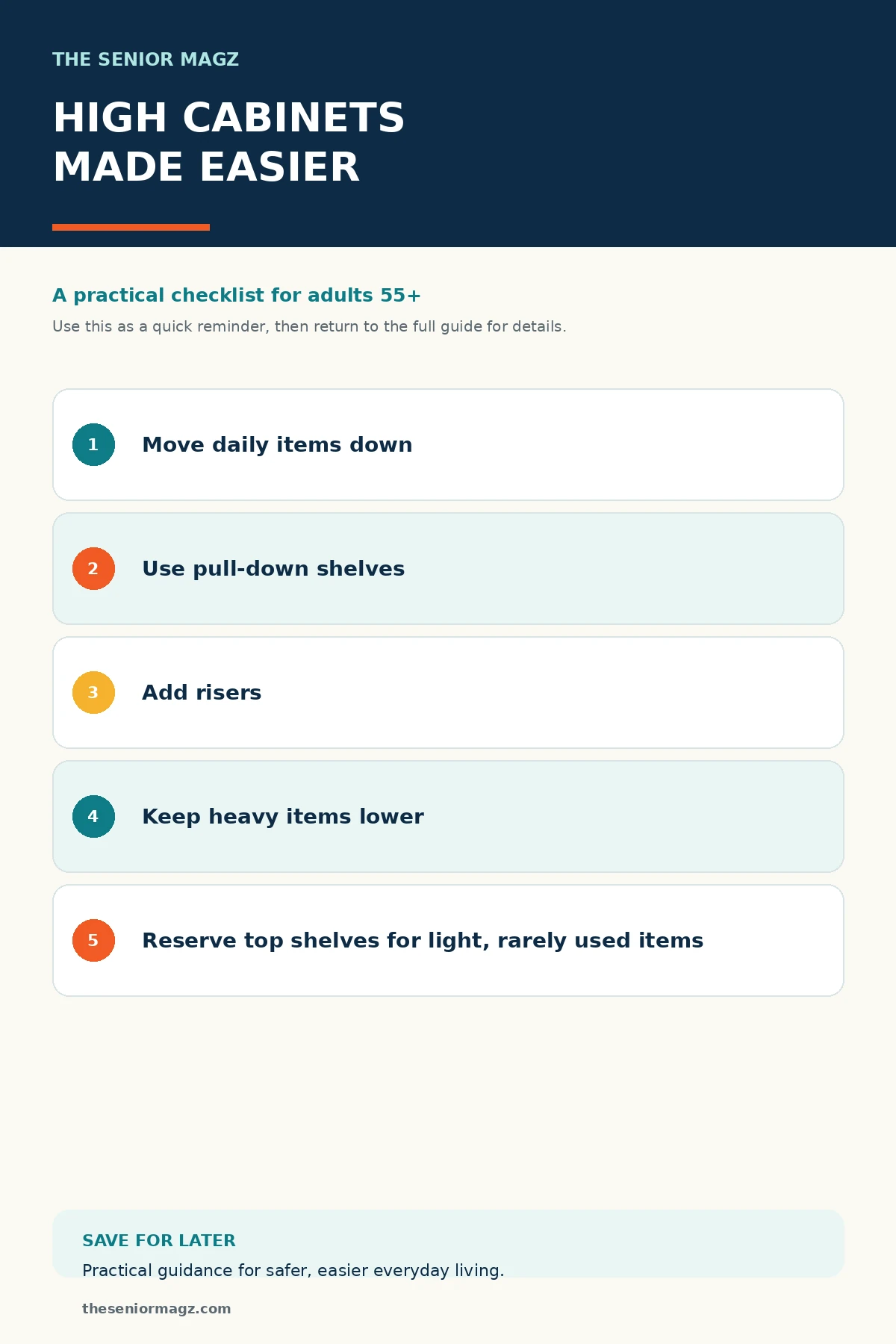 Standalone infographic summarizing Easier Ways to Reach High Kitchen Cabinets.