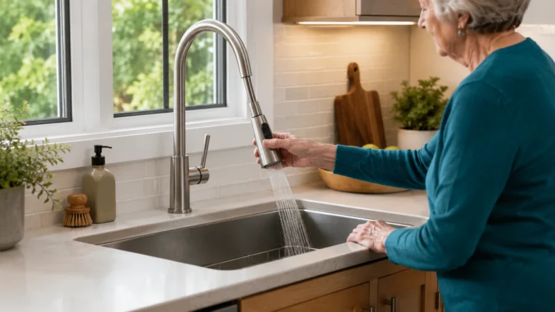 Concise factual description of the scene for Easy-to-Use Faucets and Sink Features; do not repeat the headline.