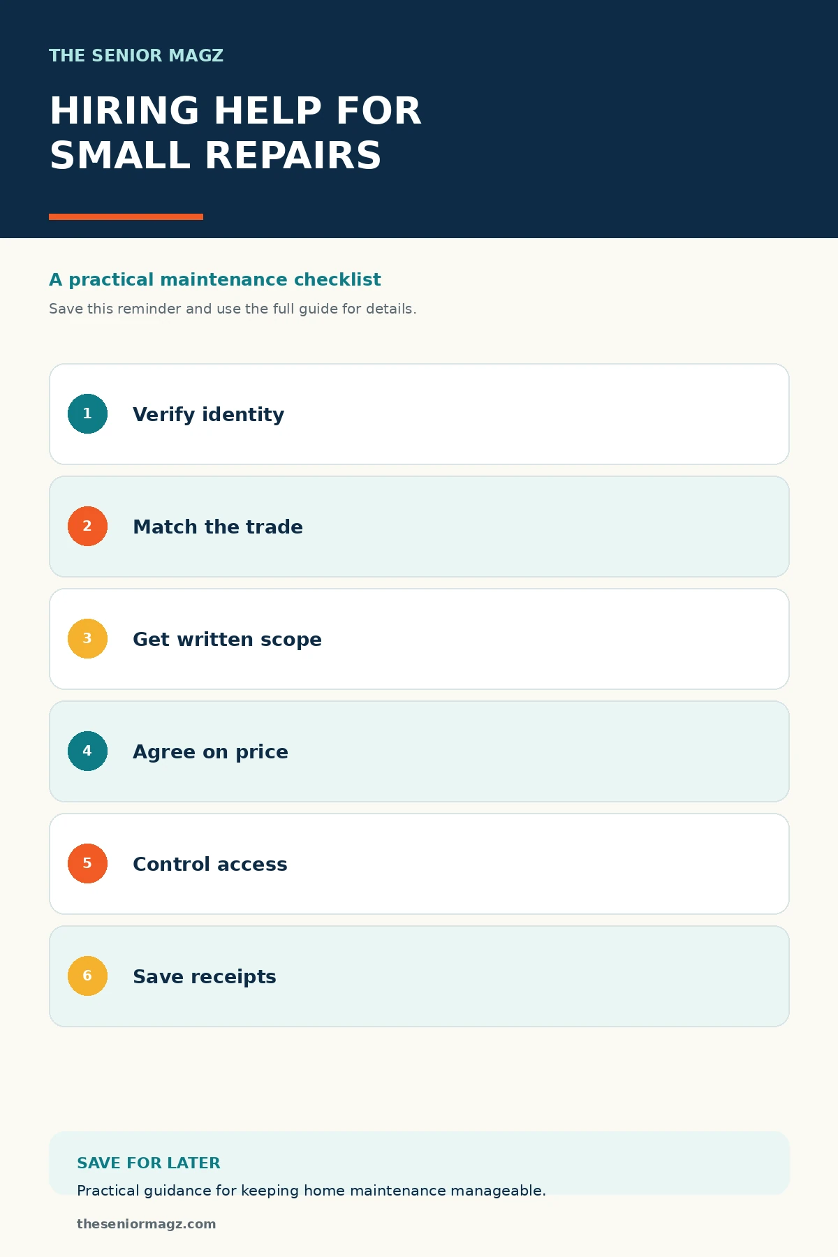 Standalone infographic summarizing How to Find Reliable Help for Small Home Repairs.