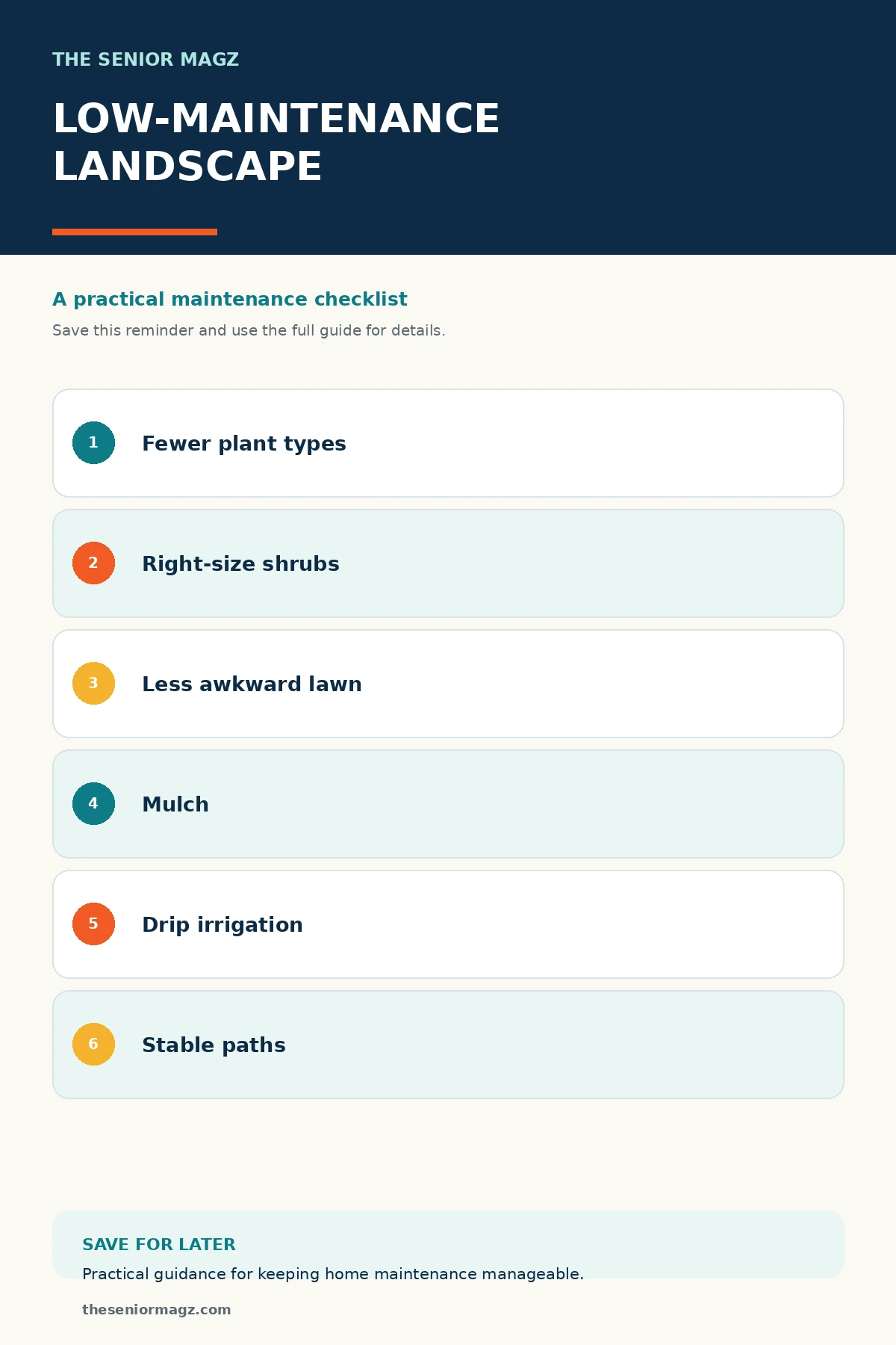 Standalone infographic summarizing Low-Maintenance Landscaping Ideas.