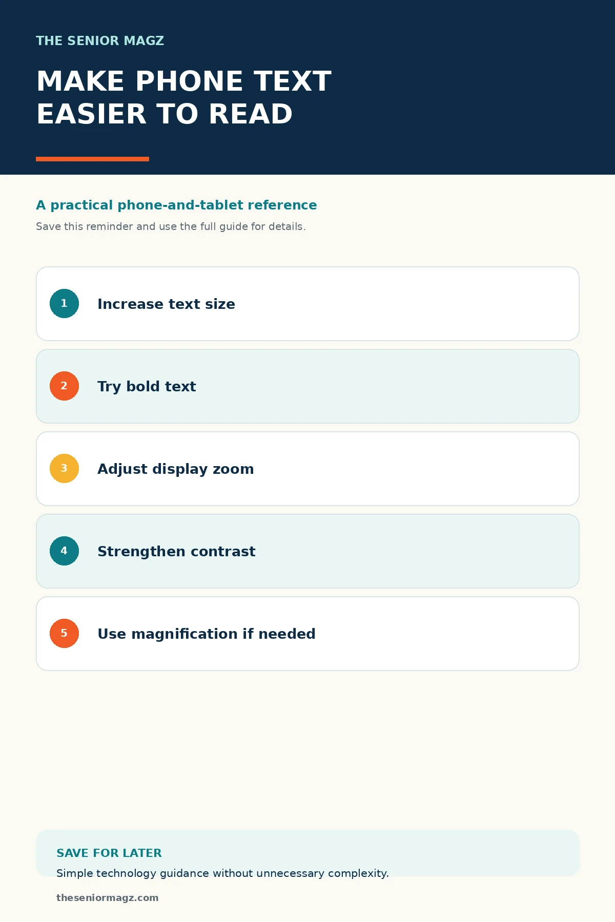 Standalone infographic summarizing How to Make Text Bigger on Your Phone.