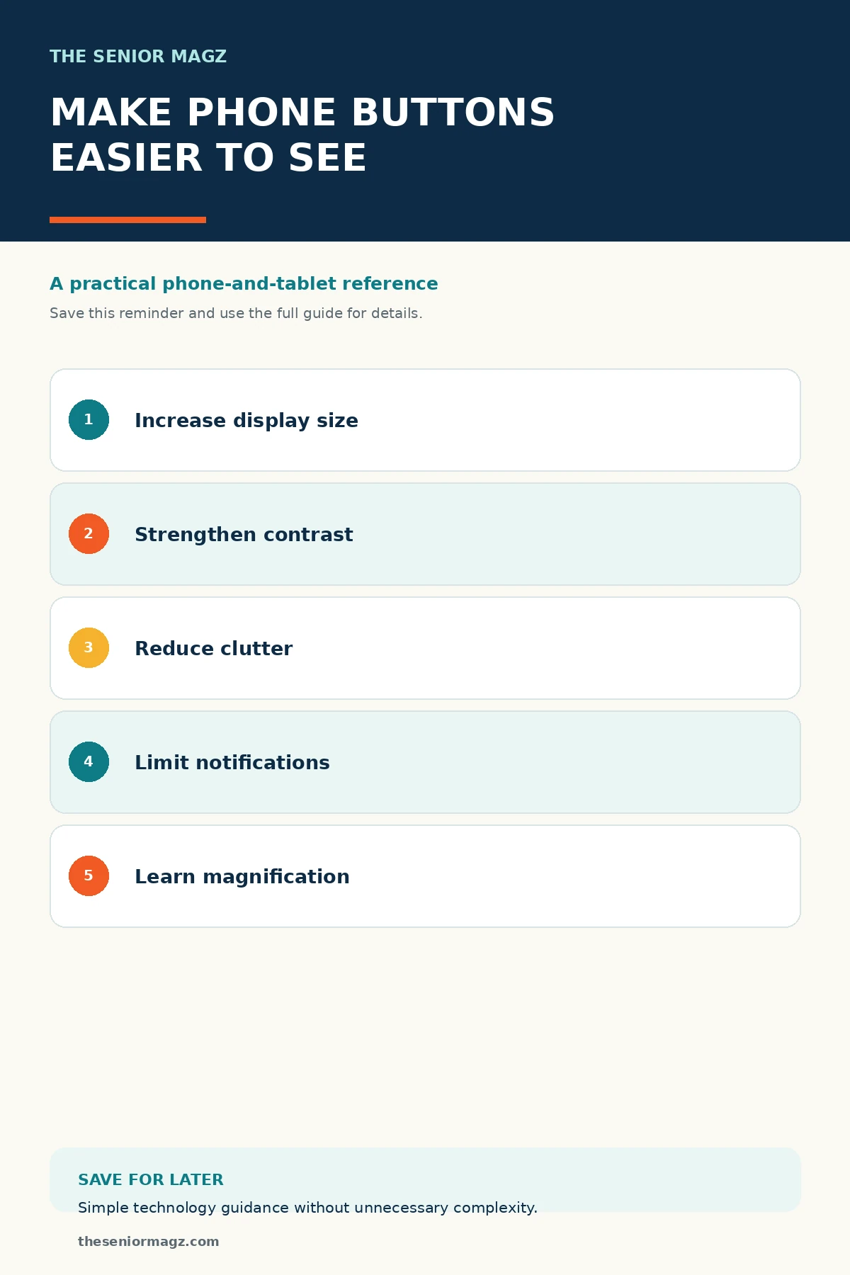 Standalone infographic summarizing How to Make Smartphone Buttons Easier to See.