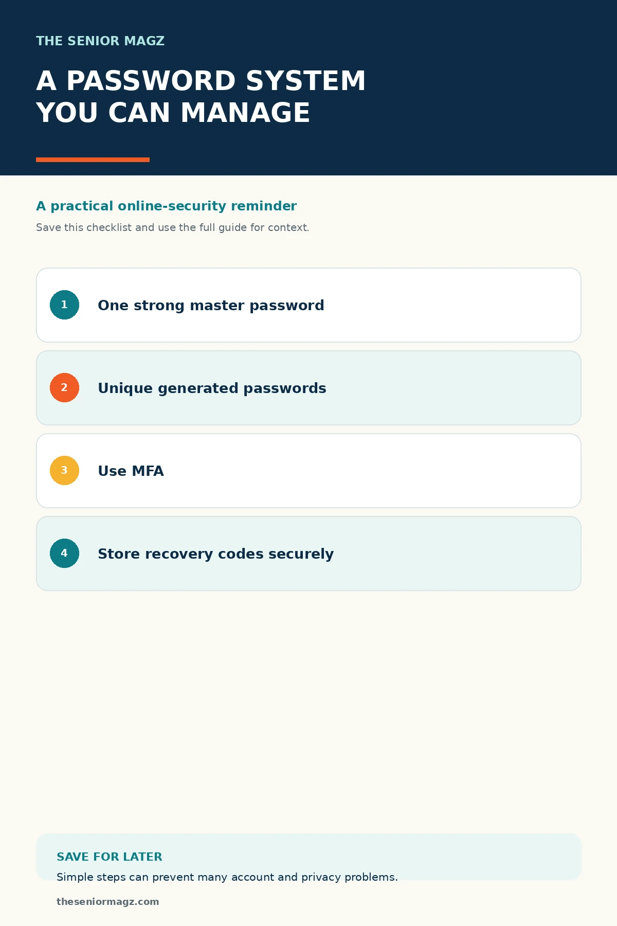 Standalone infographic summarizing How to Create Passwords You Can Actually Manage.