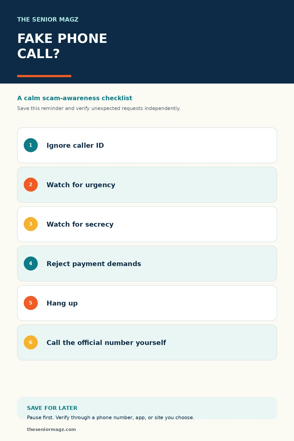 Standalone infographic summarizing How to Recognize a Fake Phone Call.