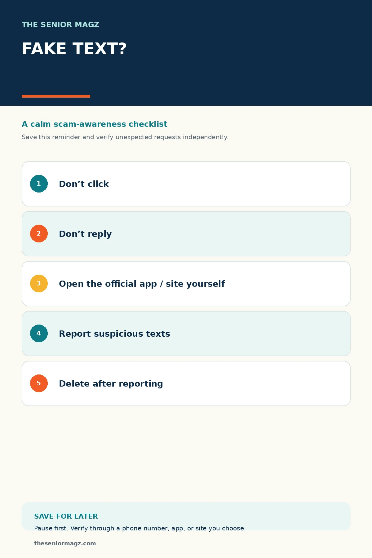 Standalone infographic summarizing How to Recognize a Fake Text Message.