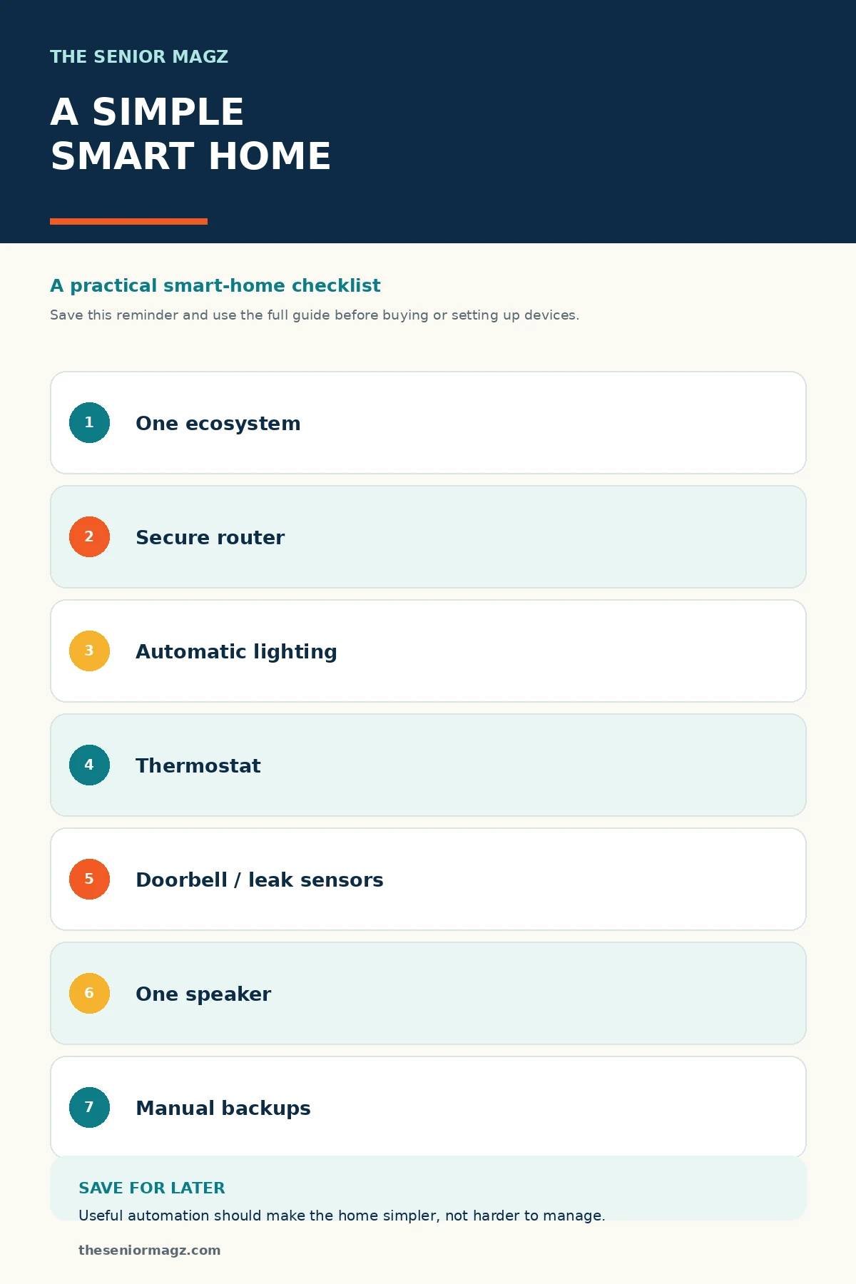 Standalone infographic summarizing How to Build a Simple Senior-Friendly Smart Home.