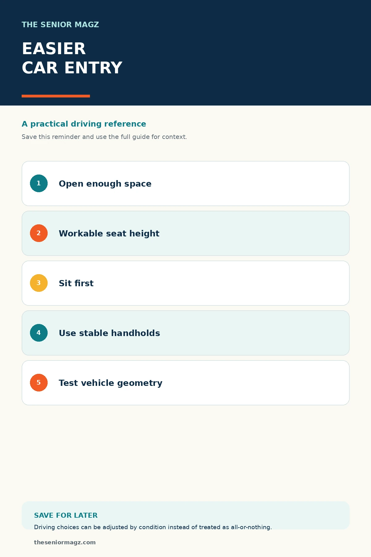 Standalone infographic summarizing How to Make Getting In and Out of a Car Easier.