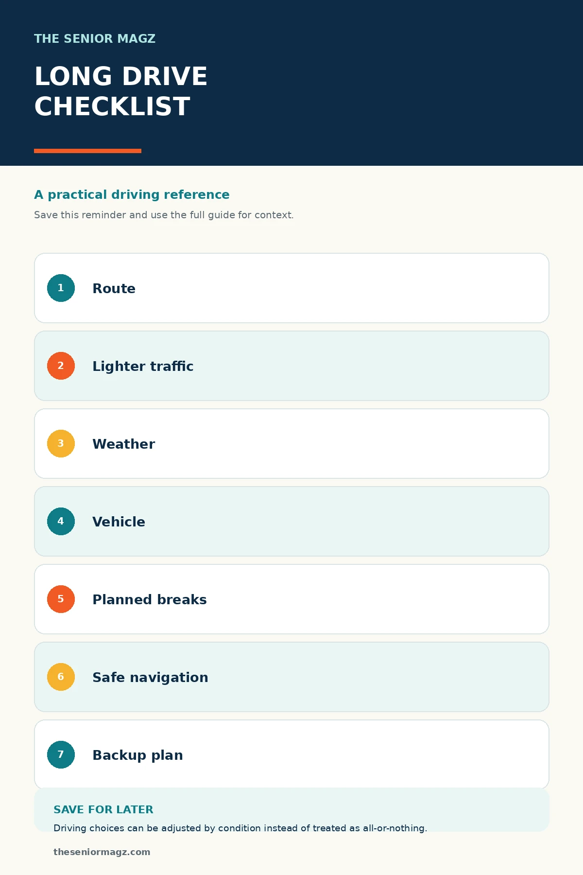 Standalone infographic summarizing How to Prepare for a Long Drive.