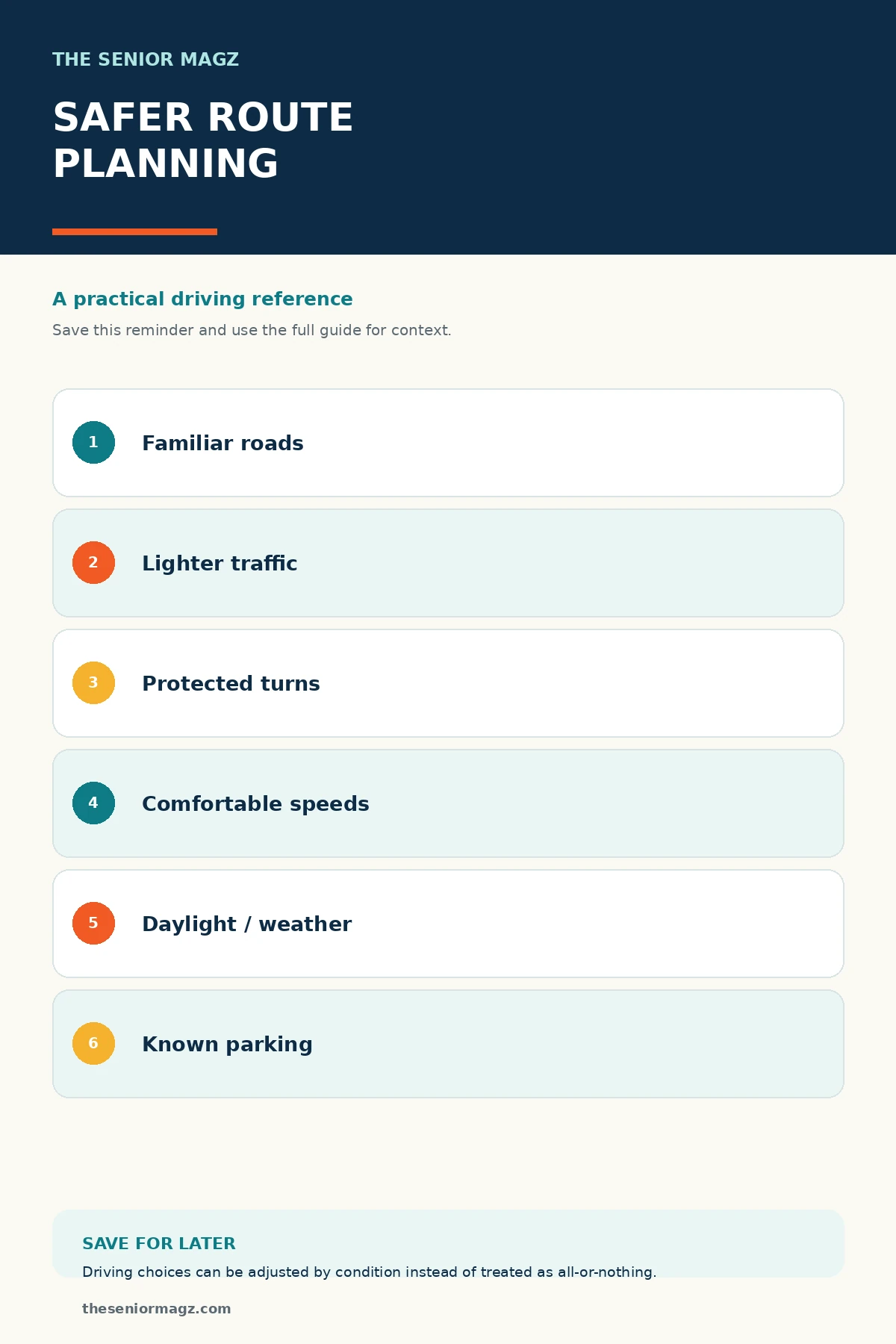 Standalone infographic summarizing How to Plan a Safer Driving Route.