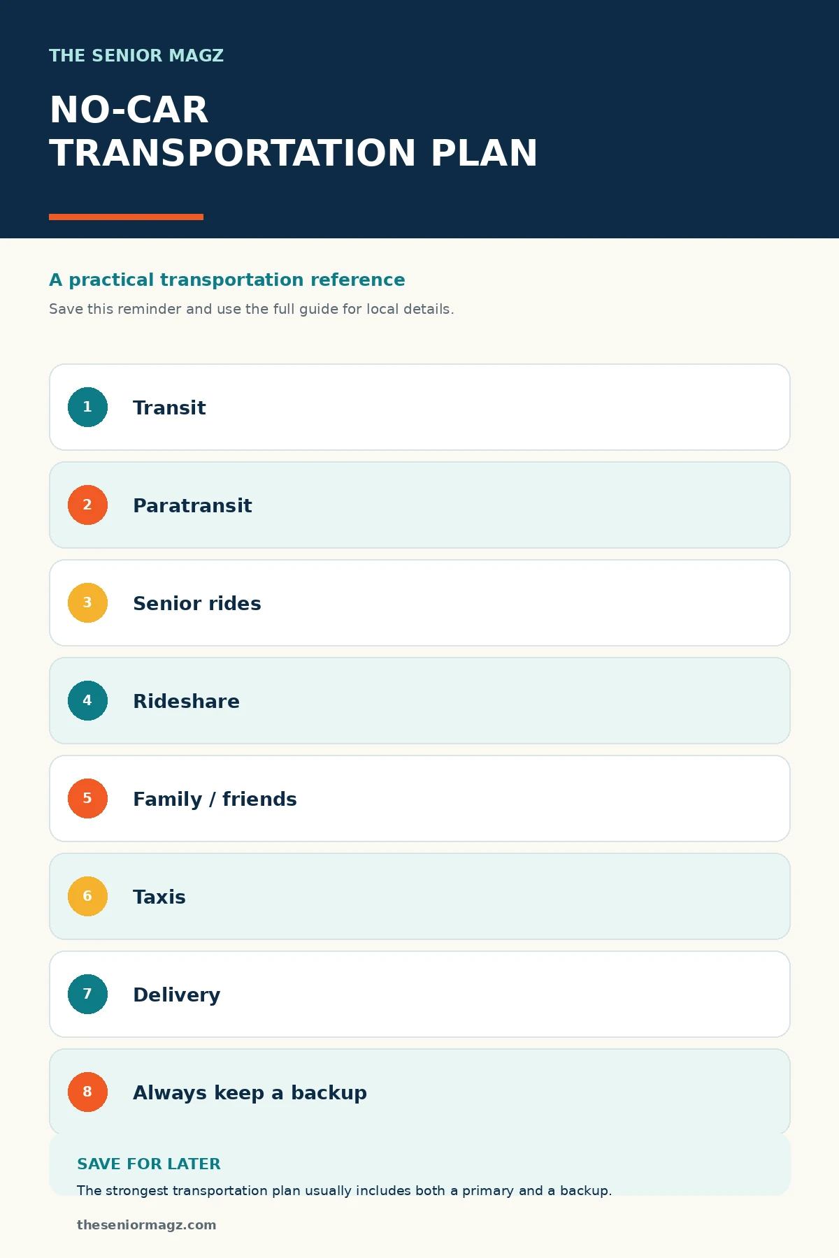Standalone infographic summarizing Transportation Options When You Don't Drive.