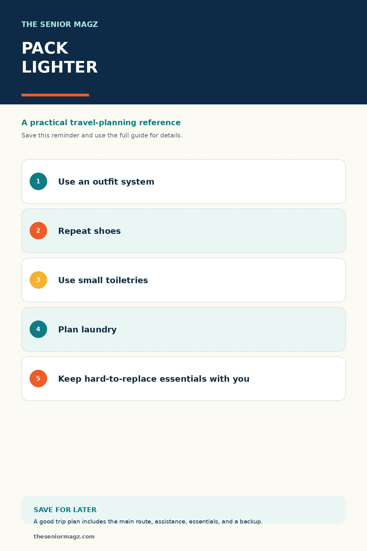 Standalone infographic summarizing How to Pack Lighter for a Trip.