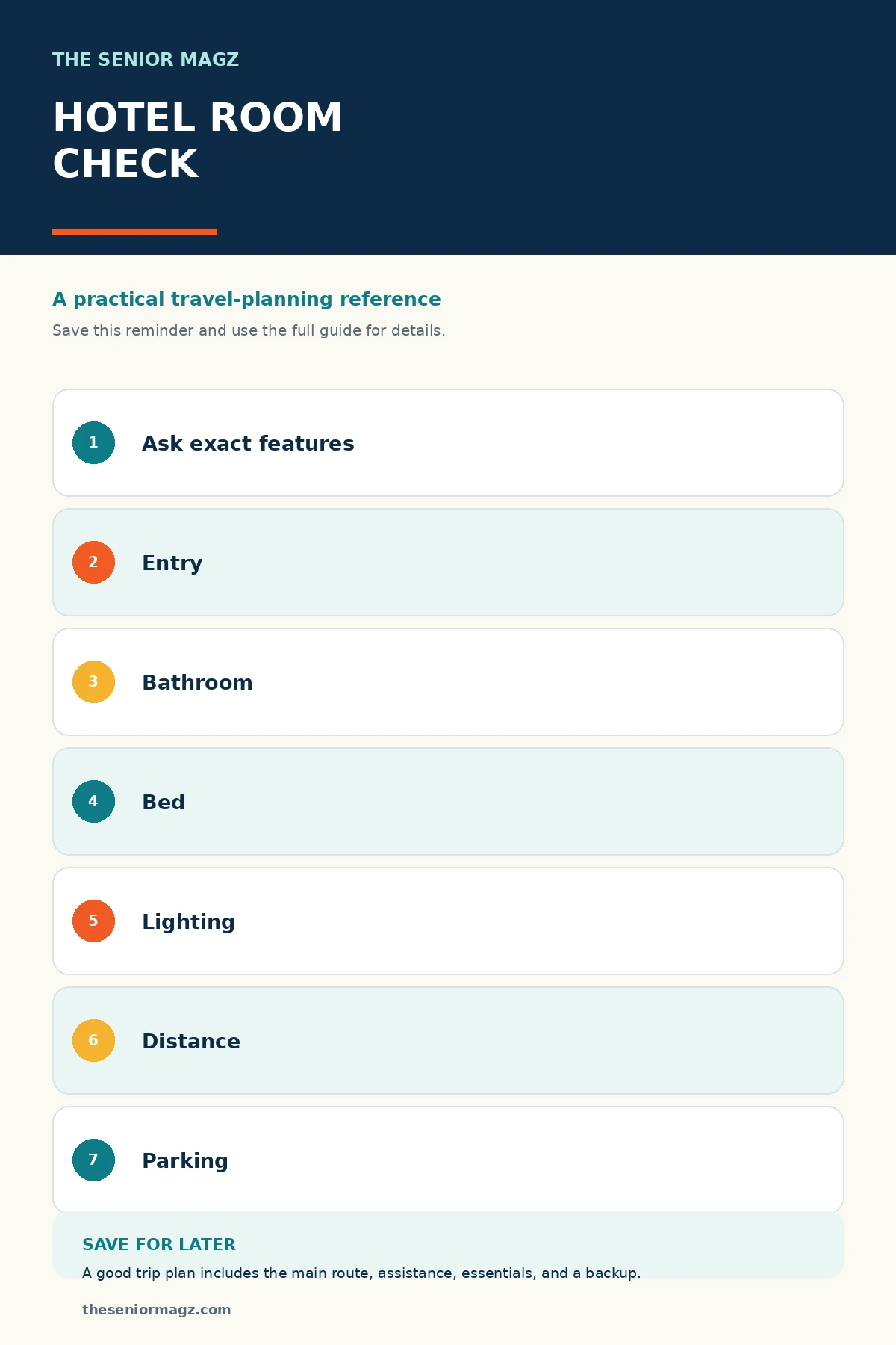 Standalone infographic summarizing How to Choose a Senior-Friendly Hotel Room.