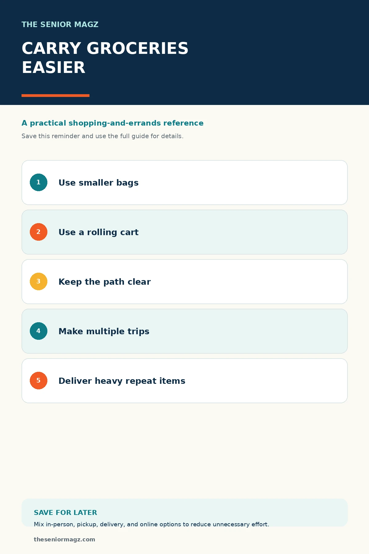 Standalone infographic summarizing How to Carry Groceries More Easily.