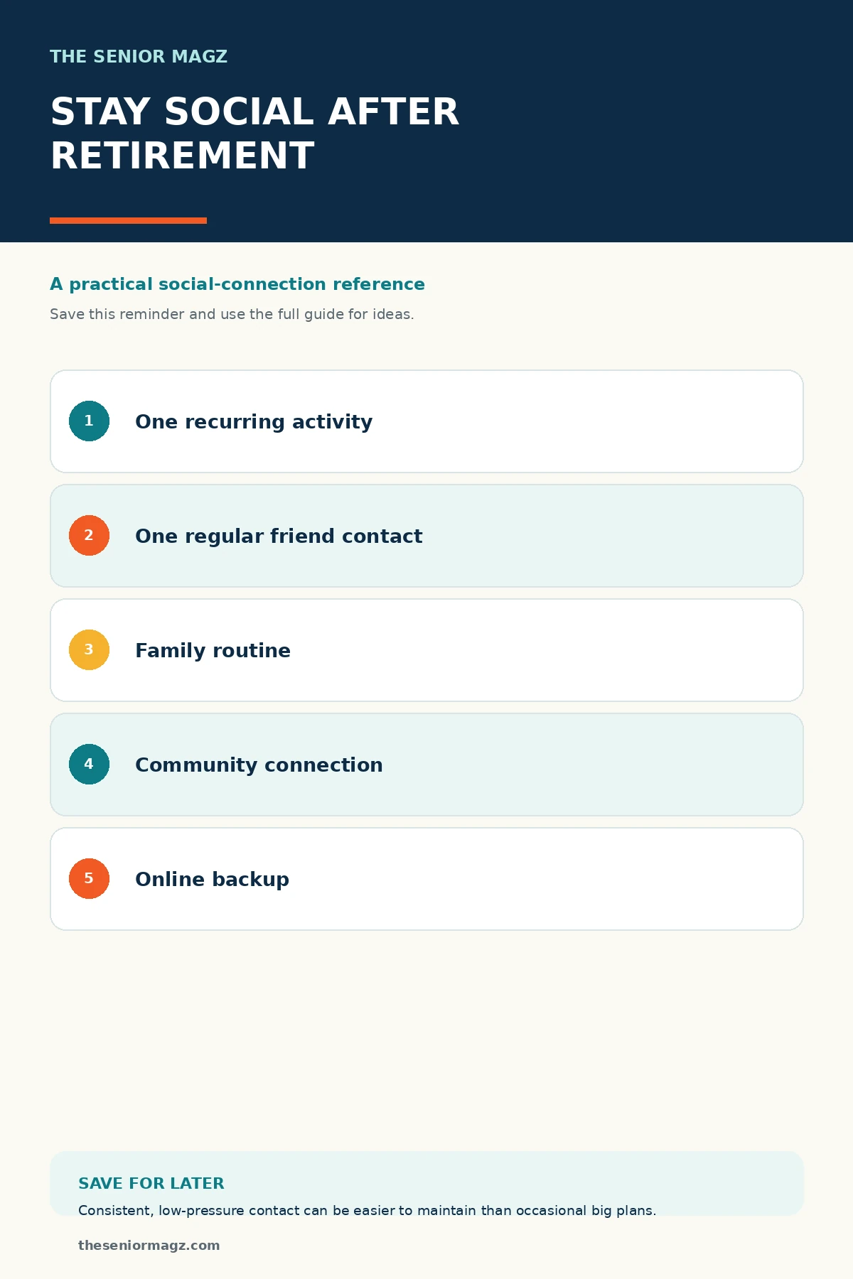 Standalone infographic summarizing How to Stay Social After Retirement.