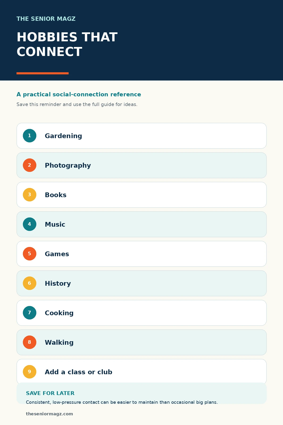Standalone infographic summarizing Hobbies That Help You Stay Connected.