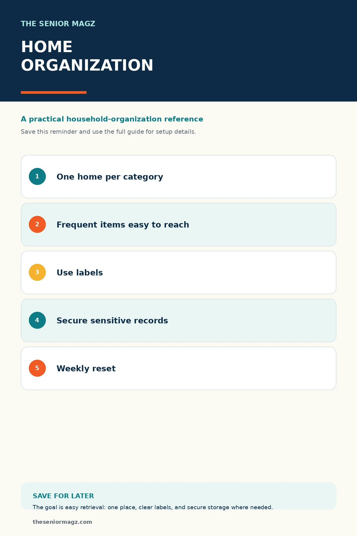 Standalone infographic summarizing Home Organization Ideas for Older Adults.