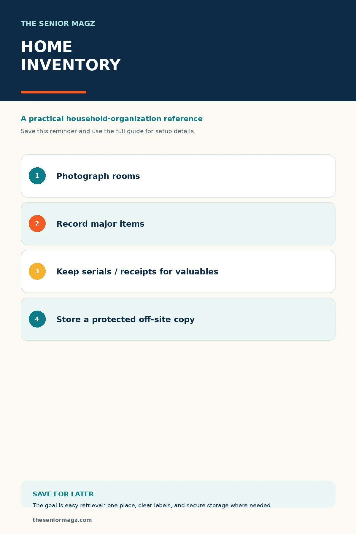 Standalone infographic summarizing How to Create a Simple Home Inventory.